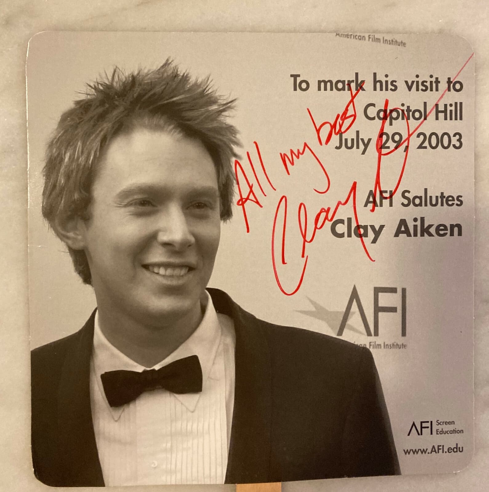 CLAY AIKEN Signed Paper Fan; 2003 Capitol Hill AFI Event; Personally Autographed 3
