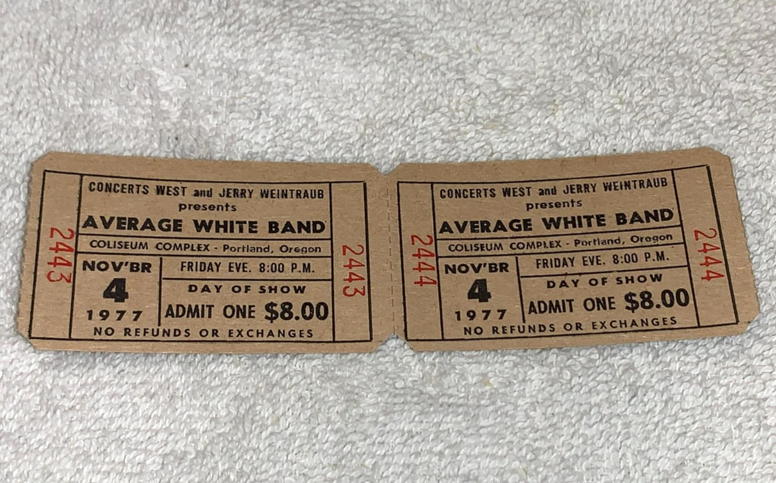 AVERAGE WHITE BAND 2 UNUSED 1977 CONCERT TICKETS Alan Gorrie OREGON AWB