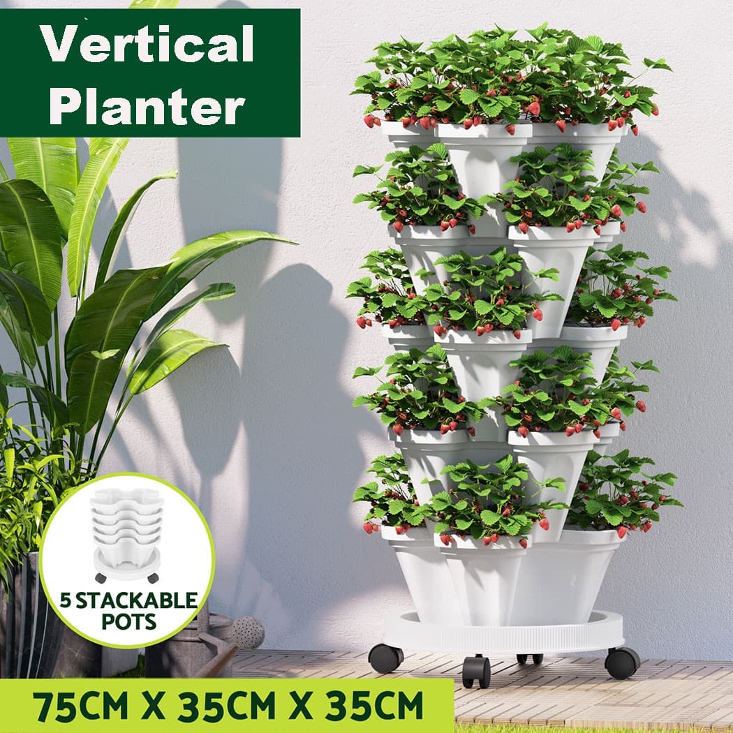 Vertical Planter 5 Tier Stackable Planters with Wheels & Tools Garden Tower Pot