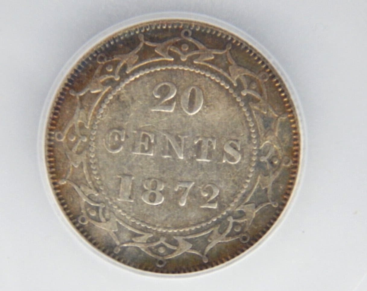1872-H NEWFOUNDLAND 20c TWENTY CENTS ICG EF45 DETAILED (BT517) 2