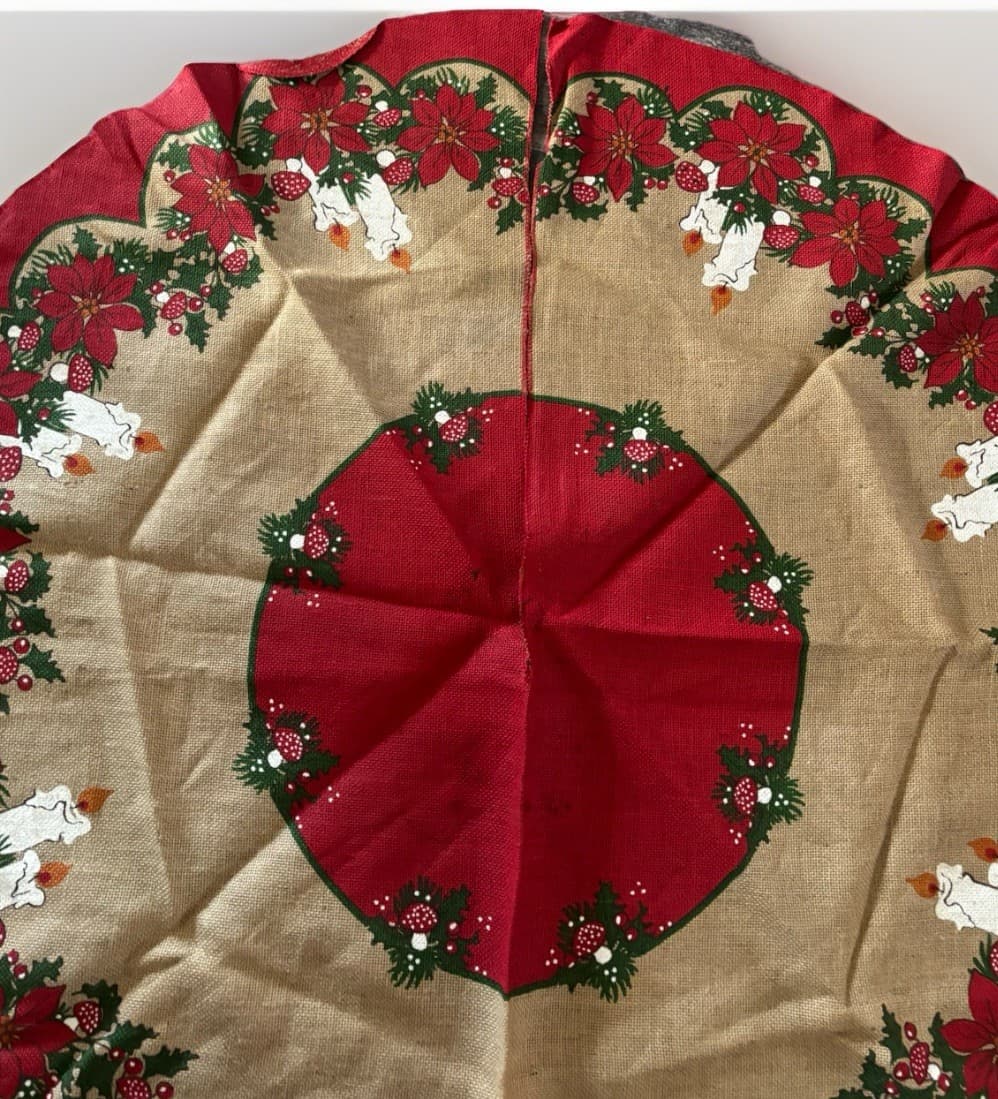 Vtg Scandinavian Christmas Tree Skirt – Painted Mushrooms Candles on Burlap Jute 2