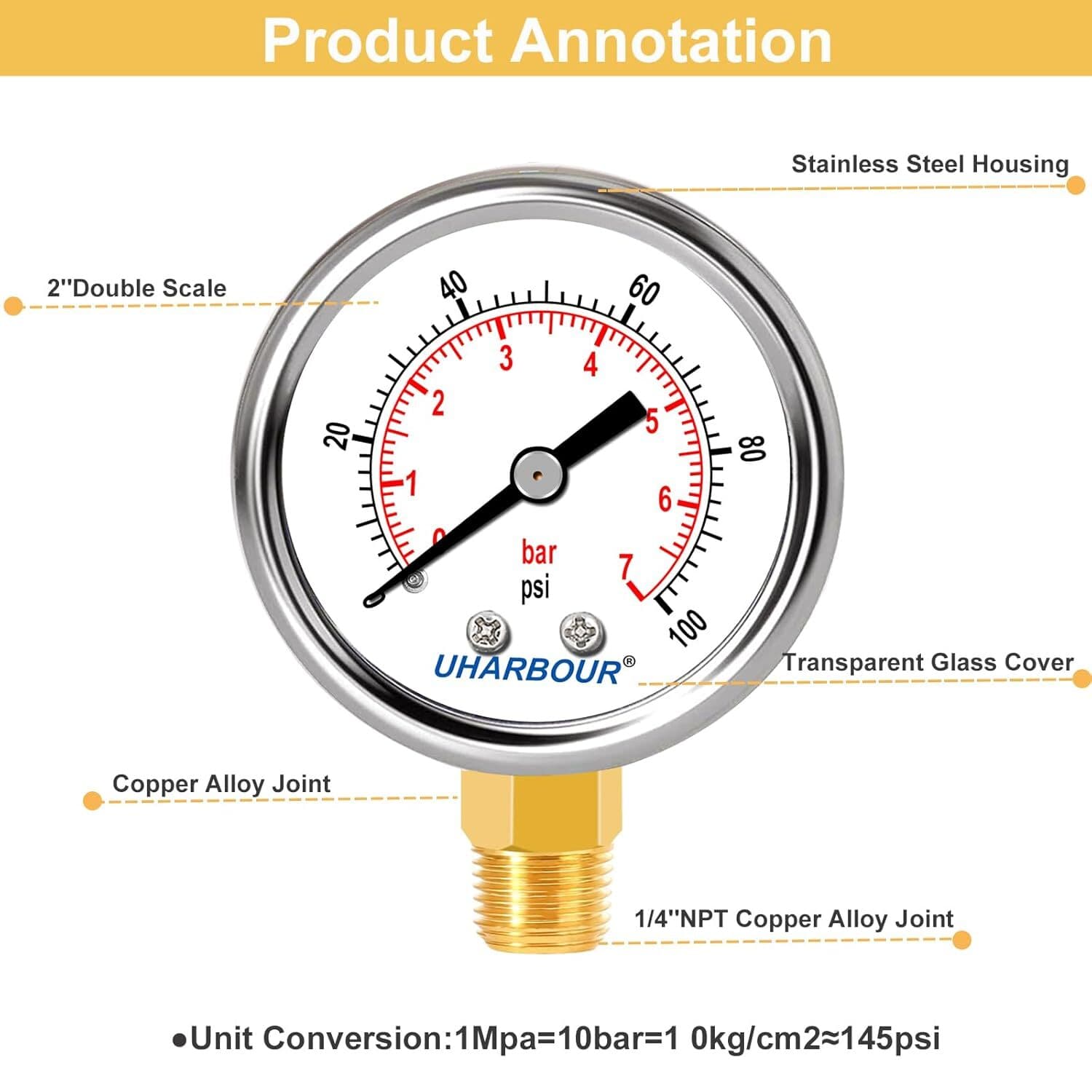 Water Well Pump Liquid Filled Side Lower Mount Pressure Gauge 0 to 100 PSI 4