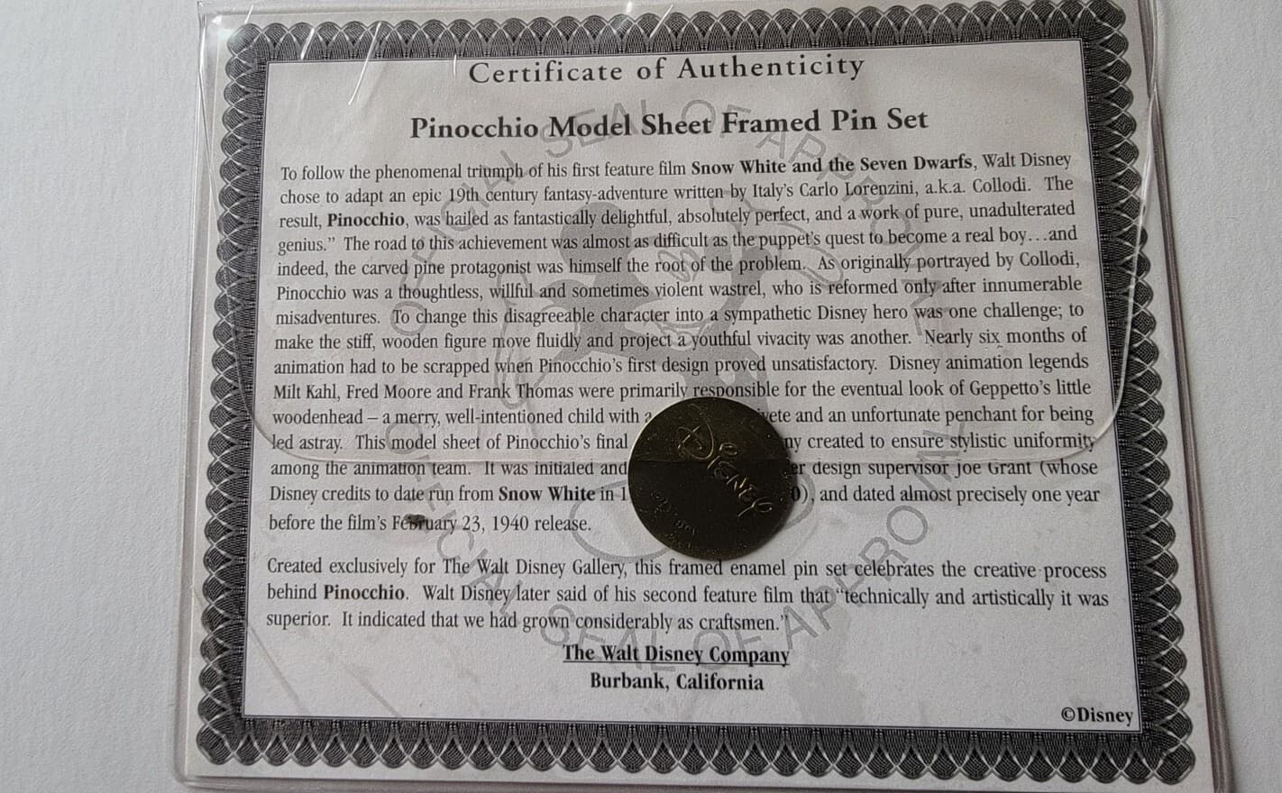 Pinocchio Model Sheet Framed Pin Set With COA 4