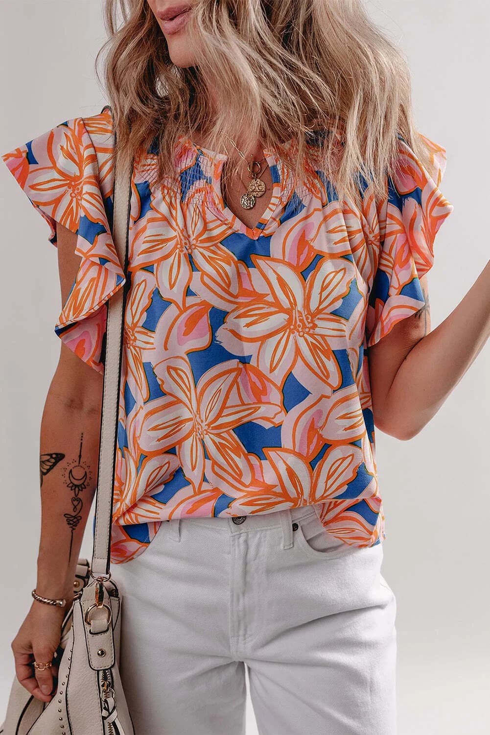 Orange Summer Flower Print Notched Neck Ruffle Sleeve Blouse 4