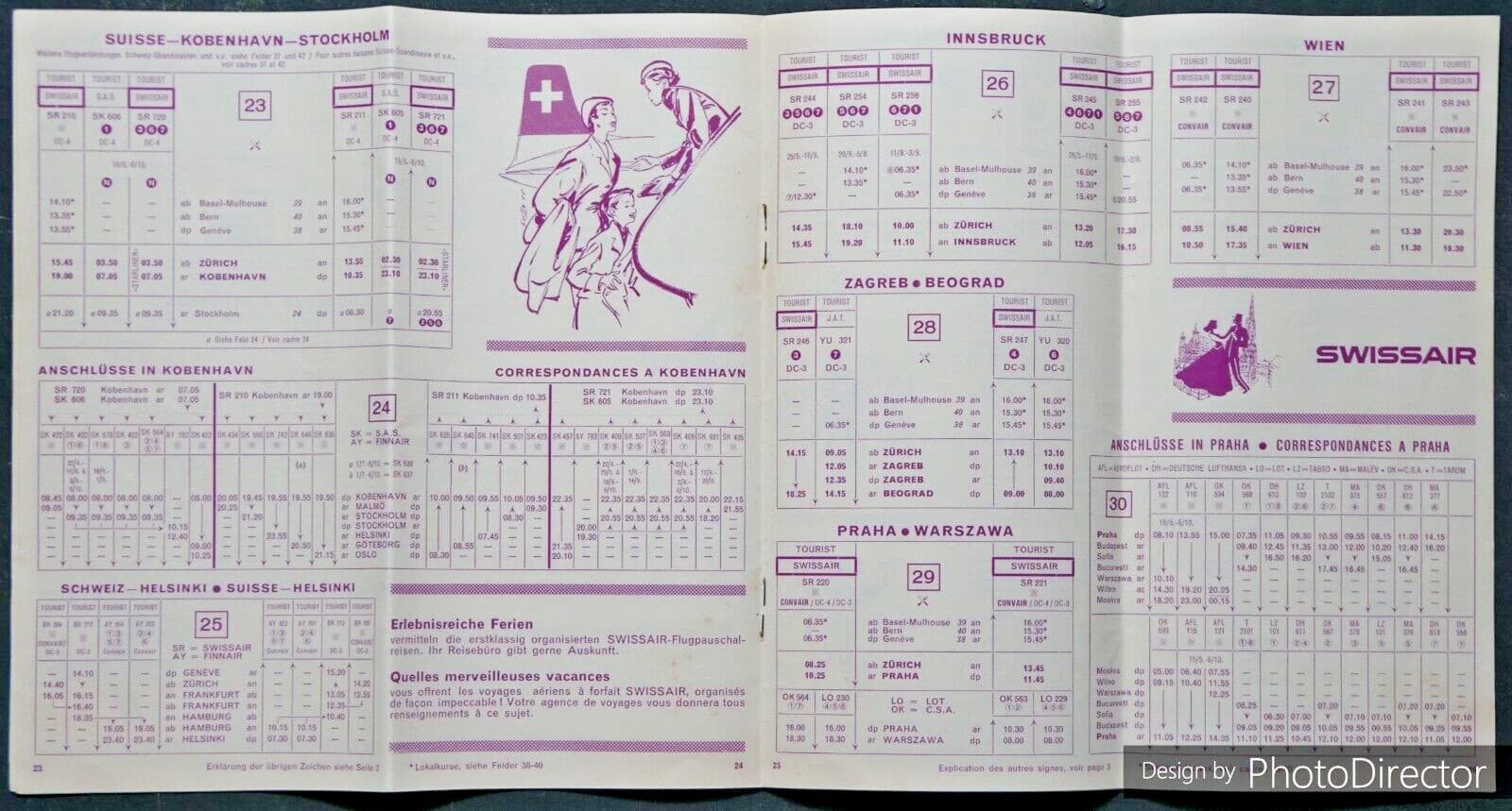 Rare 1956 German Language SwissAir Flight Schedule & Route Map 5
