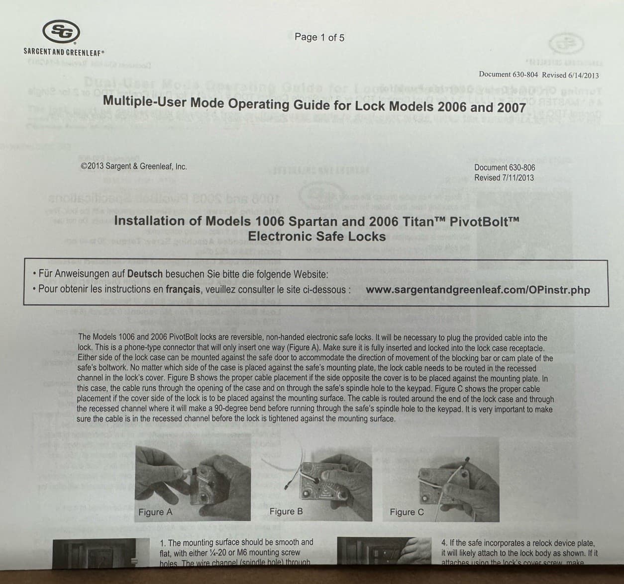 Sargent Greenleaf S&G Model: 2006-102 Titan Pivot Bolt Electronic Safe Lock Kit 3