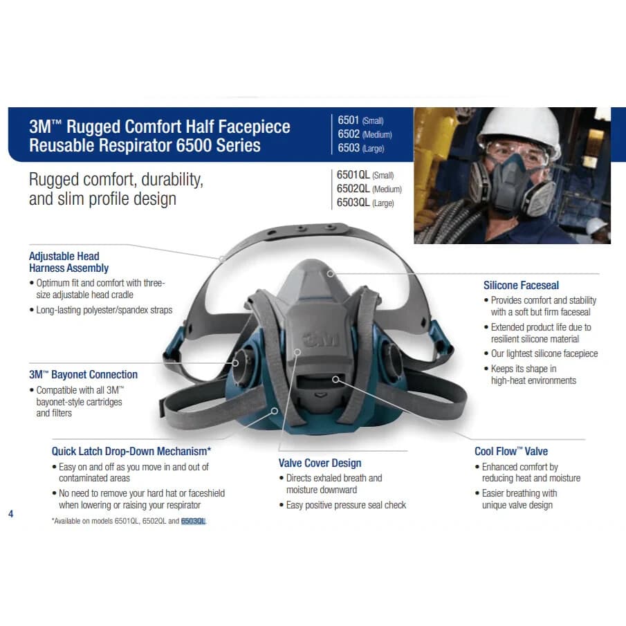 3M 6503QL Rugged Quick Latch Reusable HALF FACE RESPIRATOR Facepiece Mask LARGE 4