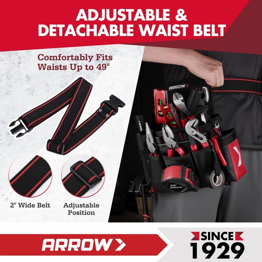 ARROW Heavy-Duty Adjustable Tool Belt Electrician Utility Tool Pouch w/10 Pocket 5