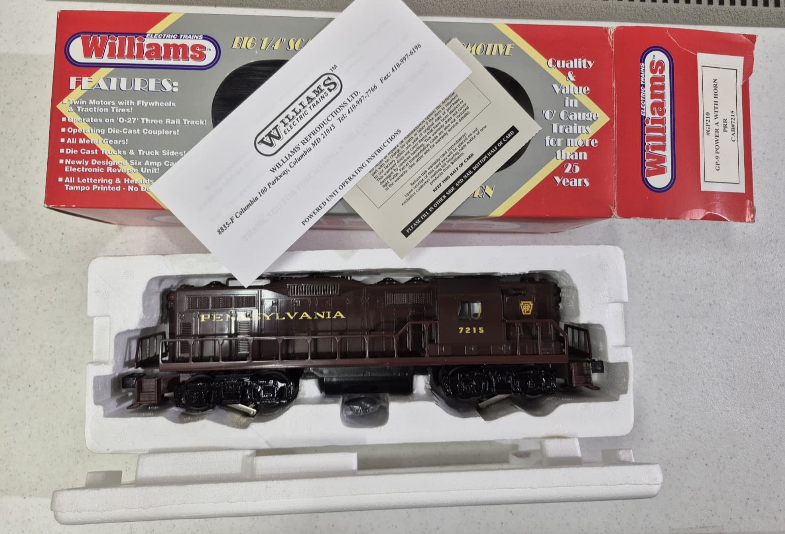 Williams O Gauge GP-9 Pennsylvania Diesel With Dual Motors & Horn Cab #7215 IOB