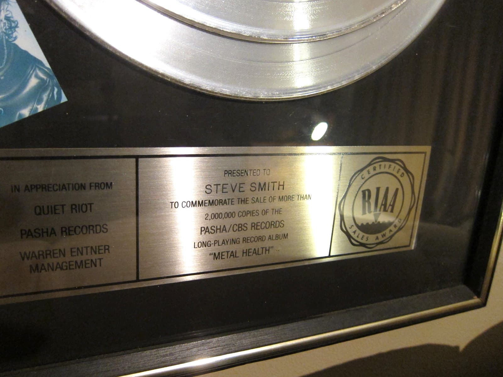 Quiet Riot Metal Health Double Platinum RIAA Record Award Pre-Hologram Not Gold 2