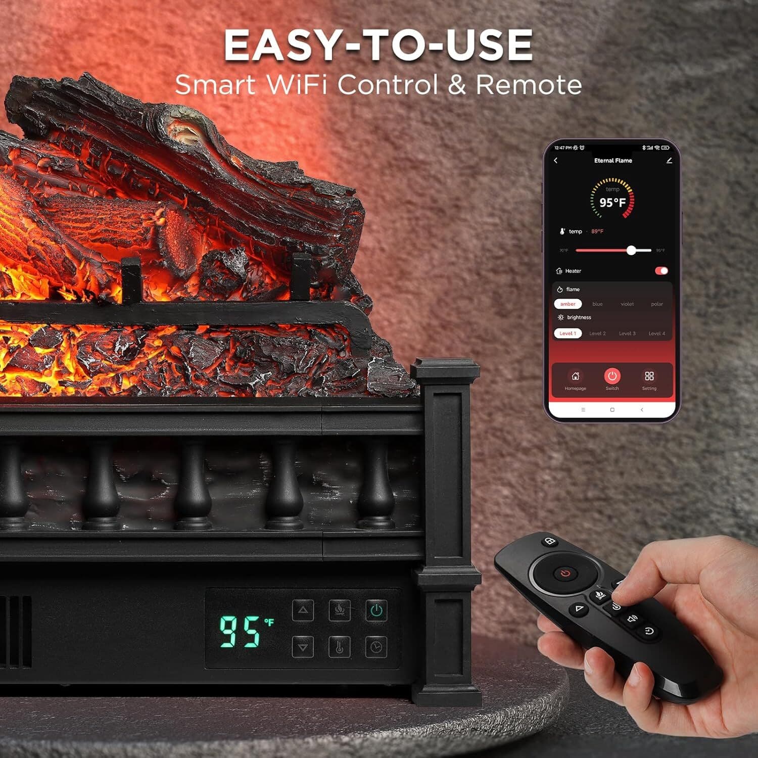 (Open Box) TURBRO 26 in. WiFi Infrared Quartz Electric Fireplace Log Heater 4