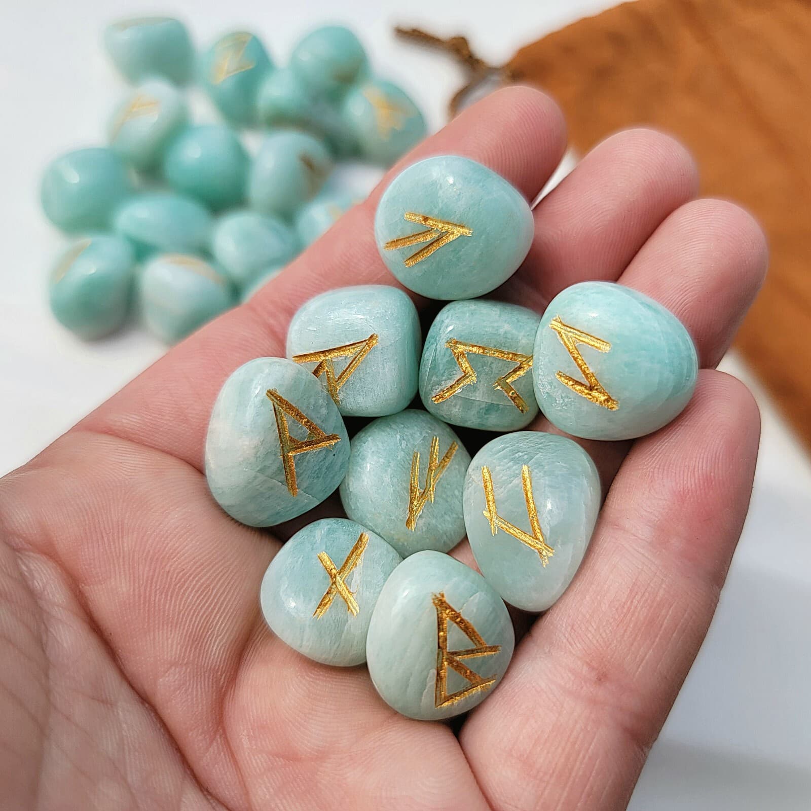 Amazonite Rune Set with Bag, Nature Gemstone, Stone Viking Runes 3