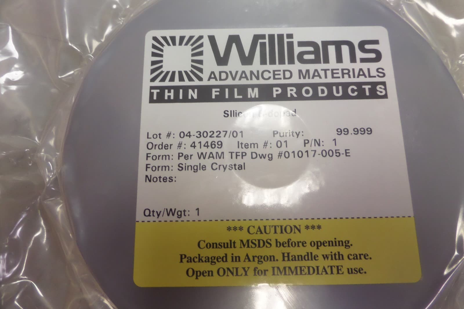 Williams Sputter Sputtering Target Silicon B-doped WAM TFP Dwg 01017-005-E New 3