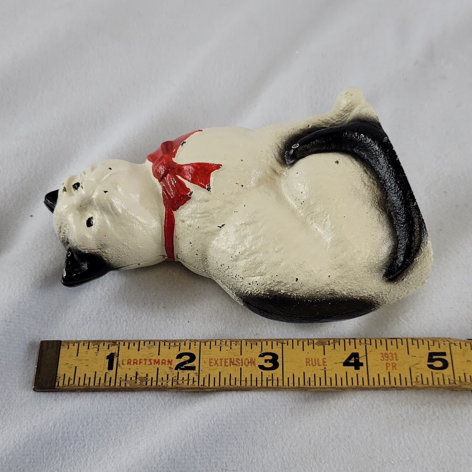 Vintage Cast Iron Cat Coin Bank with Red Bow – Black & White Kitty Figurine 6