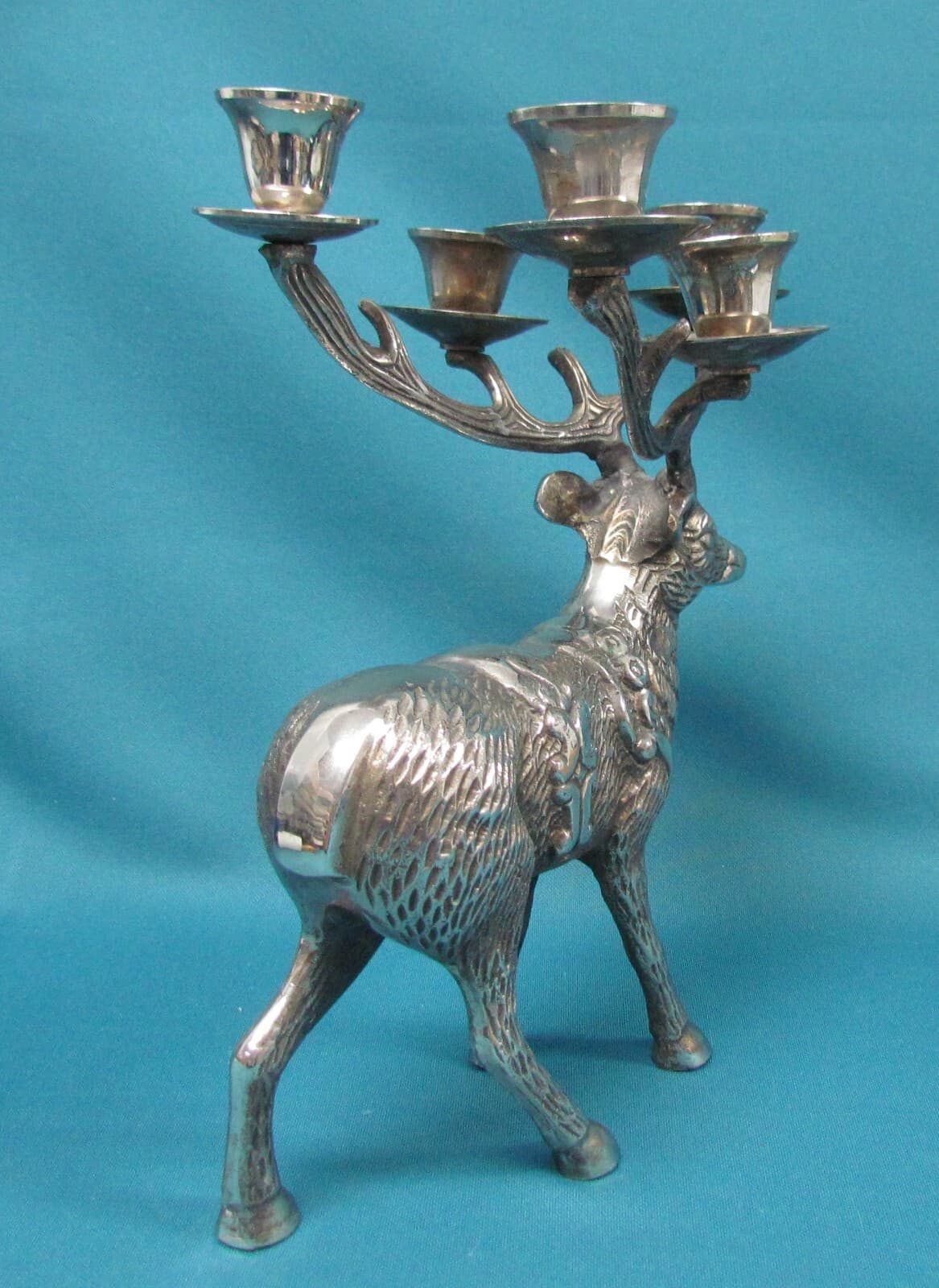Reindeer Candelabra Silver Tone Cast Metal Christmas Deer 5 Candle 6