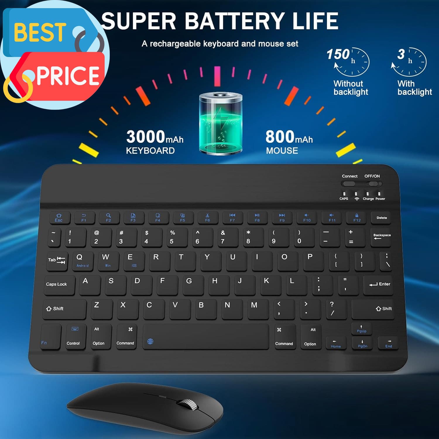 Rechargeable Bluetooth Keyboard and Mouse Combo Universal Ultra-Slim Wireless 3