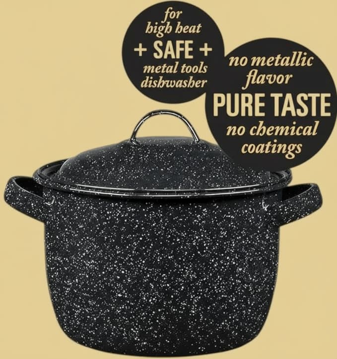 Granite Bean Pot with lid Ware Enamel on Steel Speckled Black 4-Quart 3.7 Liter 4