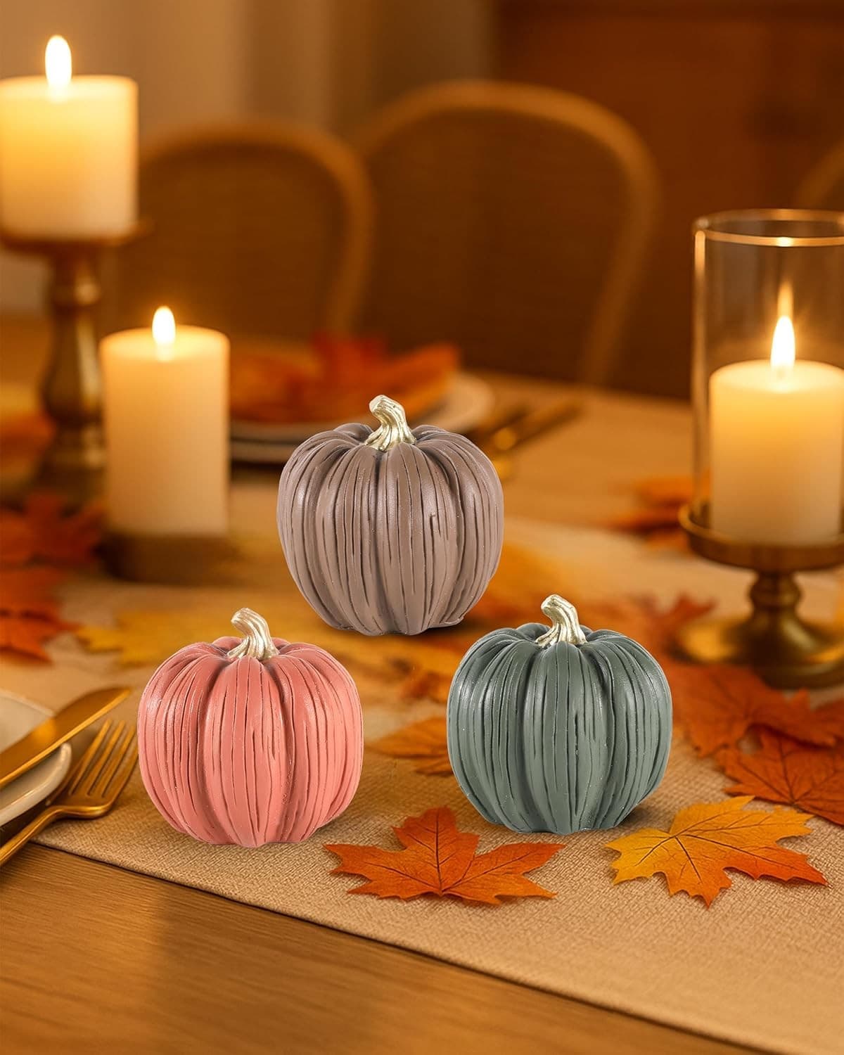 Set of 3 Mini Resin Pumpkins – Hand-Painted Fall Harvest Table Multi Color  6