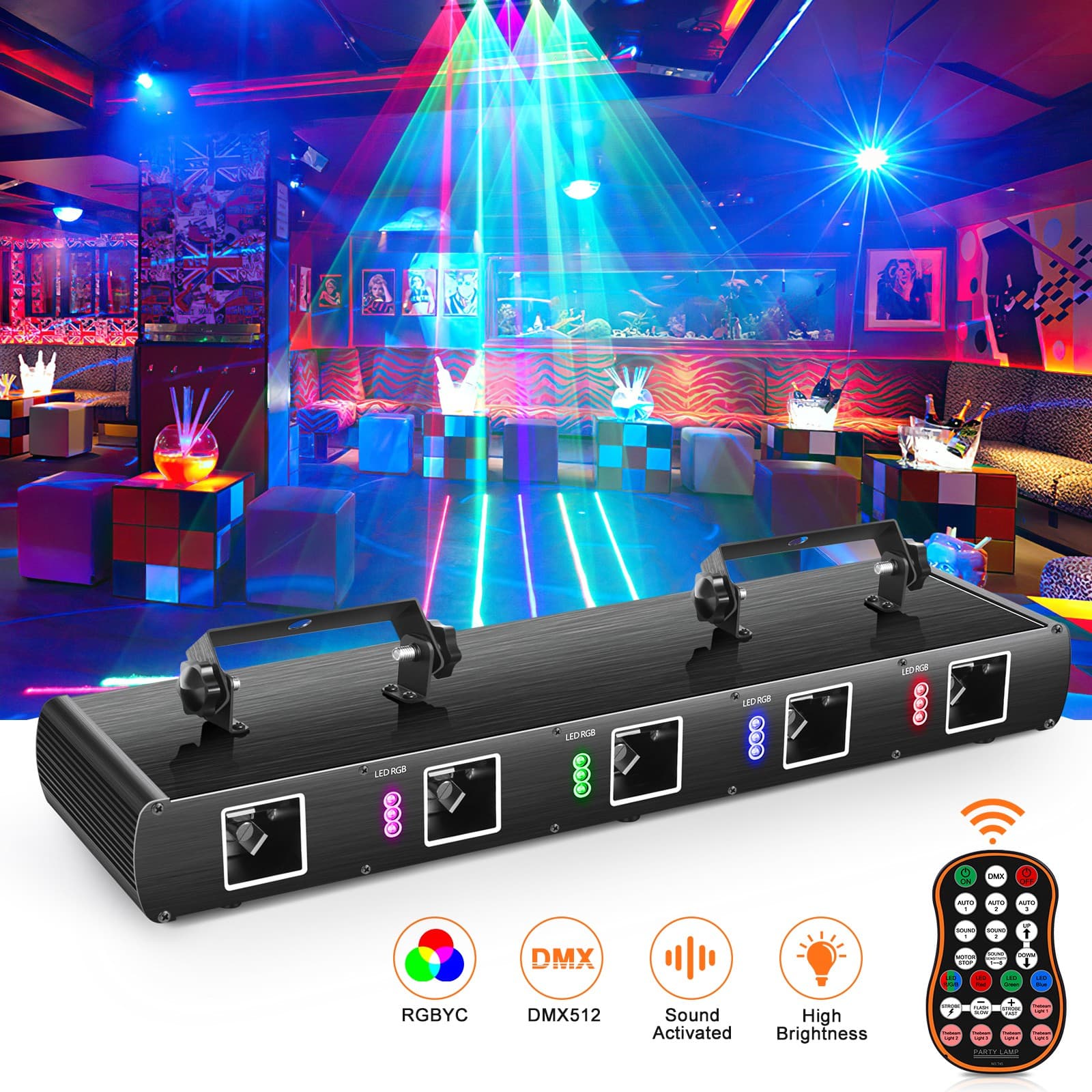 5 Lens 5 Beam RGBYC Party DJ Laser Stage Light w/Remote Projector DMX Disco Show
