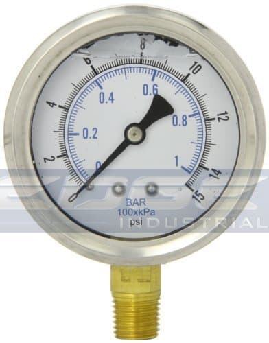 LIQUID FILLED PRESSURE GAUGE 0-15 PSI, 2.5" FACE, 1/4" NPT LOWER MOUNT WOG
