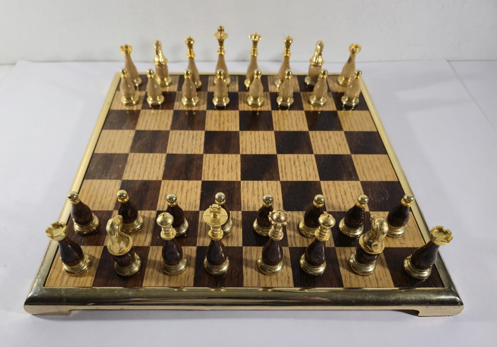 Vintage Oak Gold Plated Chess Set Wood & Metal Weighted Pieces & 15" Board 5