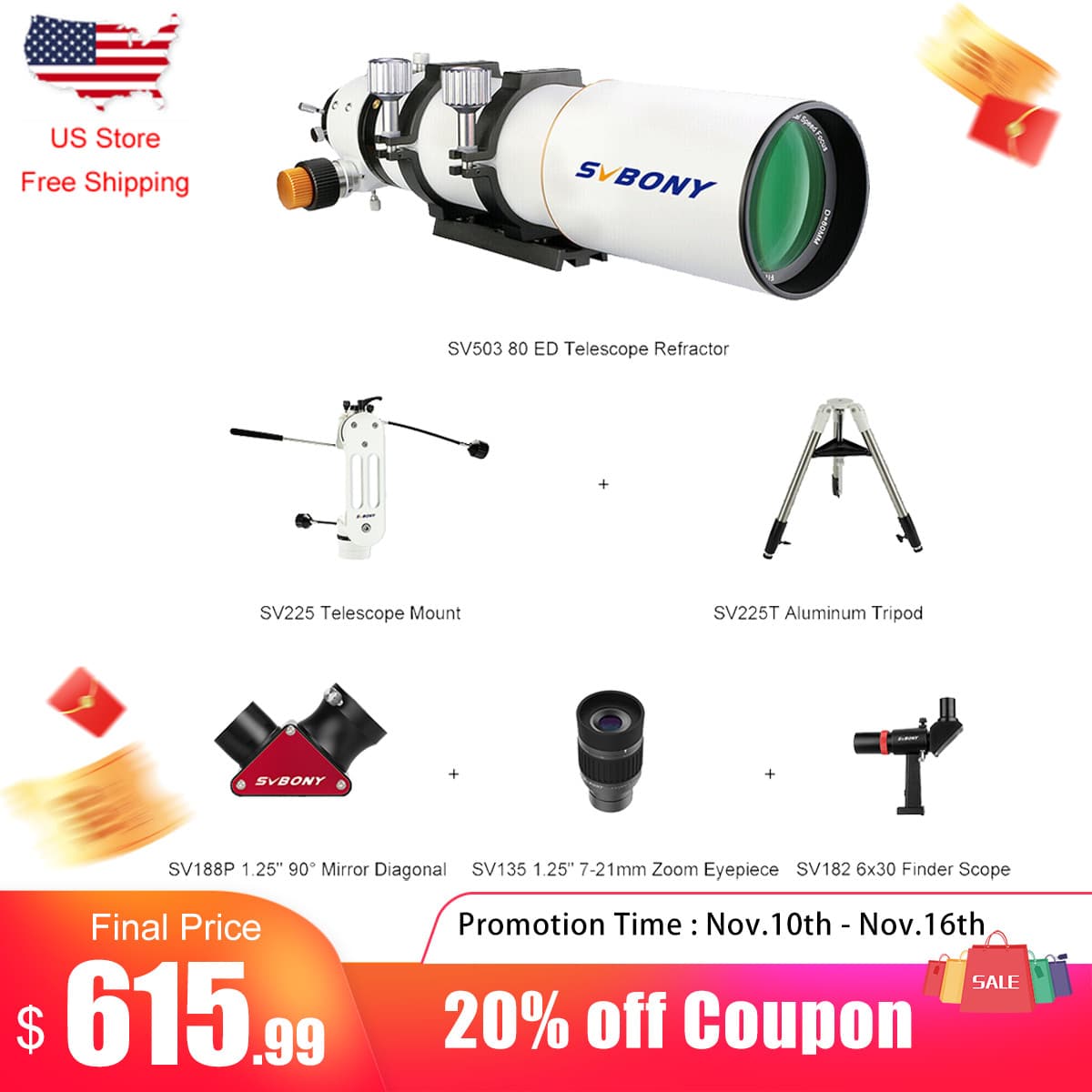 SVBONY SV503 80 ED Telescope Refractor Visual Set for Moon Planetary Observation
