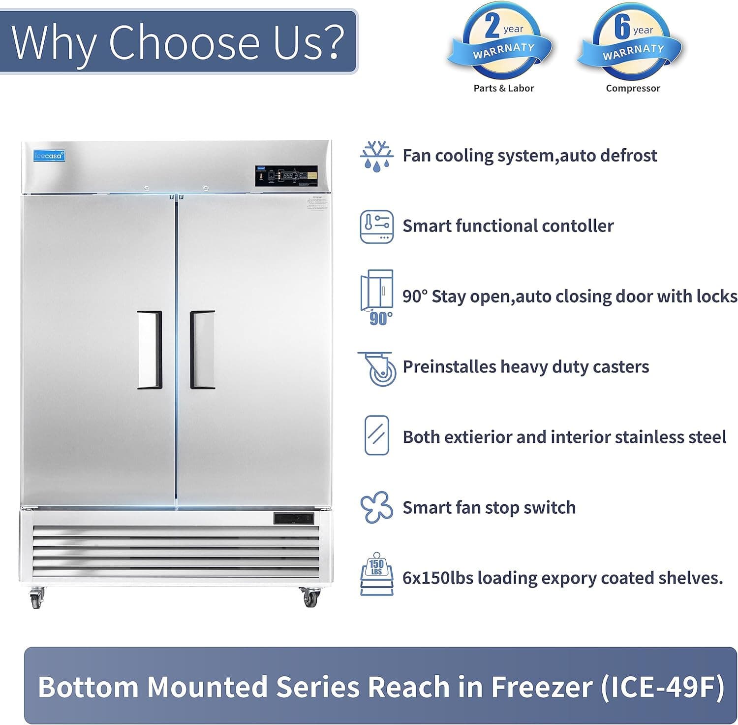 54" Commercial Freezer, ICECASA Double Door Commercial Reach-In Freezer 49 Cu.ft 5