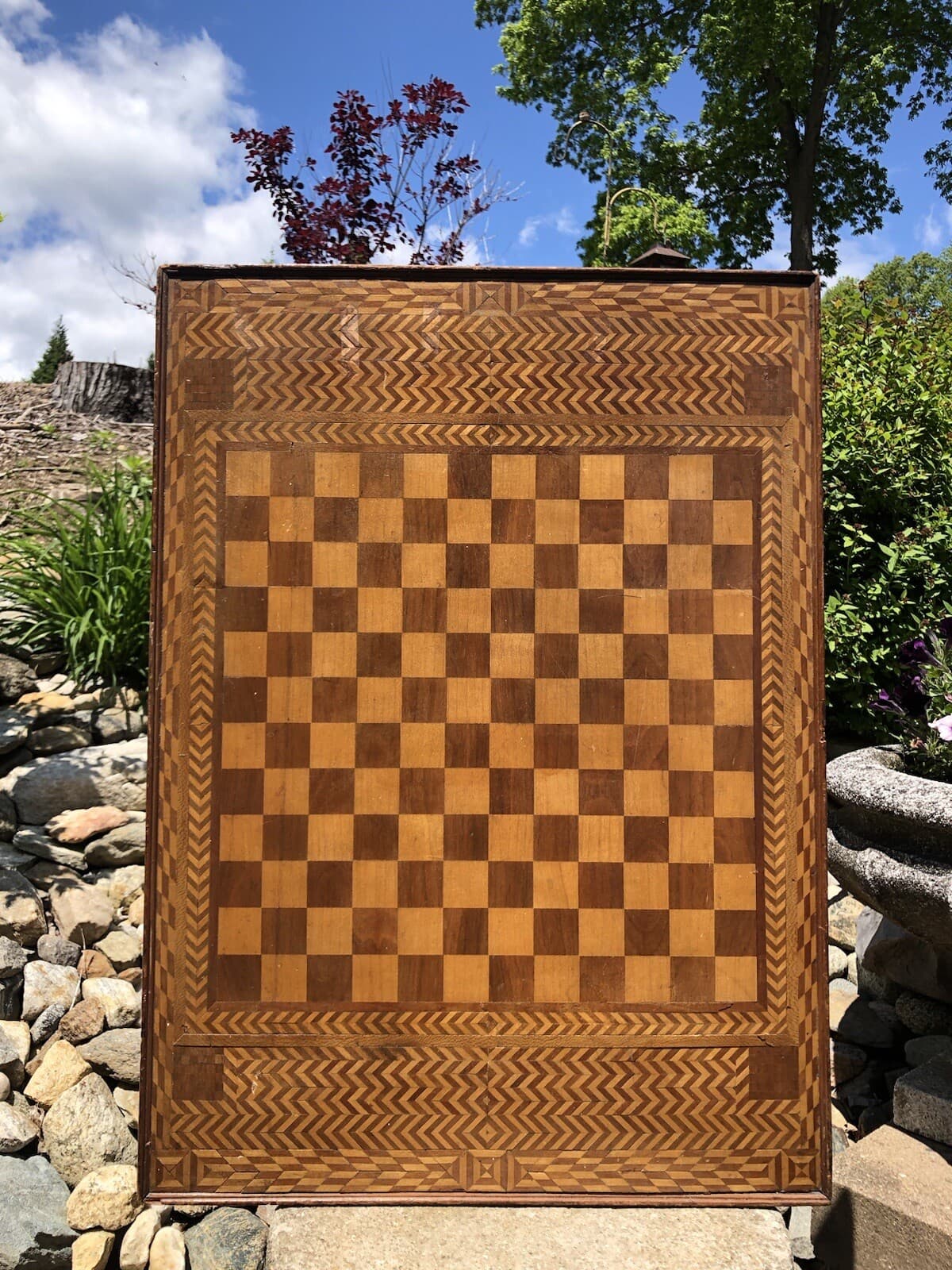 NICE! Antique Large Handmade Marquetry ALL Inlaid Wood Checker Chess Game Board 3