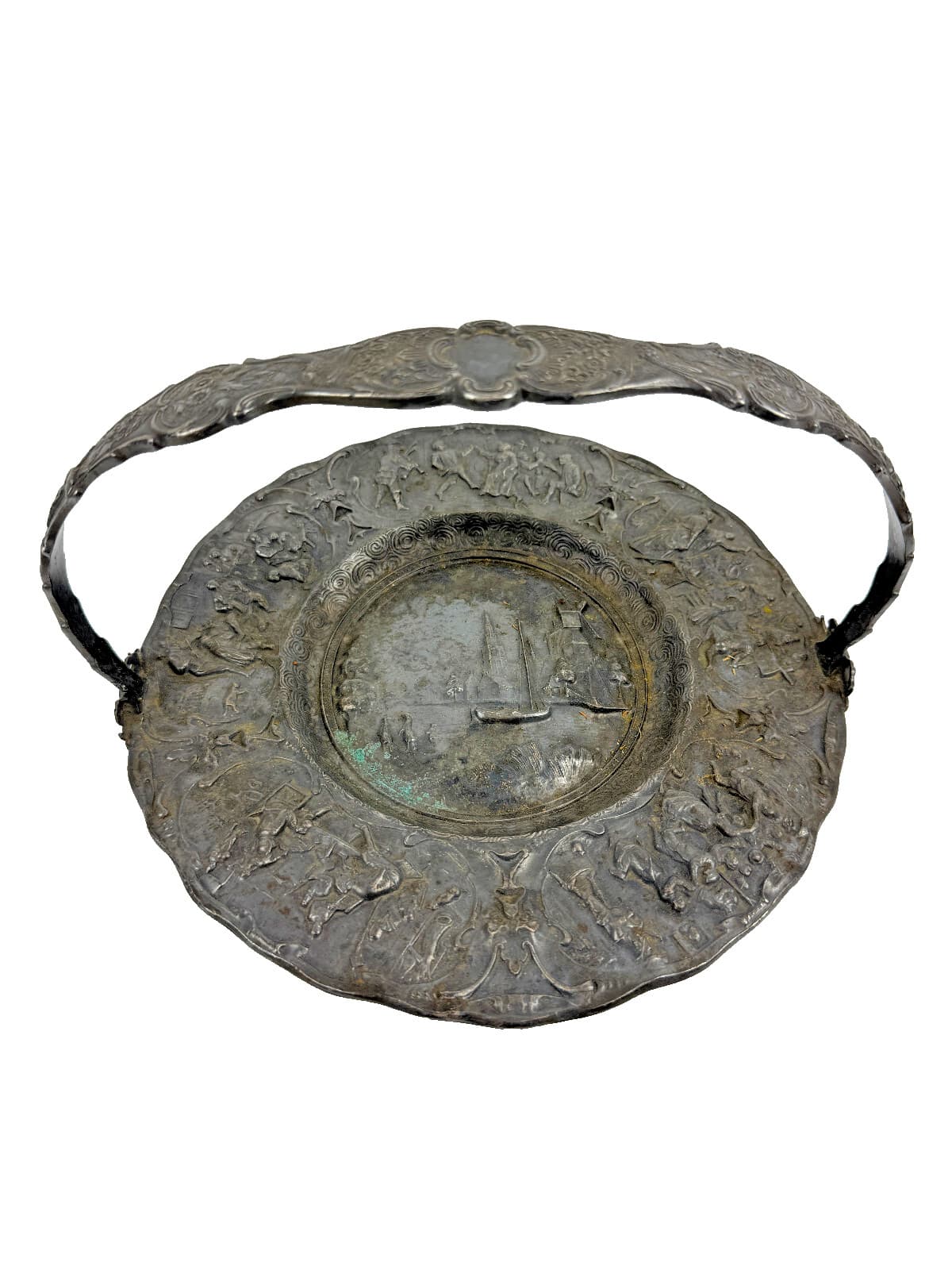 Antique Dutch Repoussé Silver Plate Basket with Handle – Scenic Relief – 11"