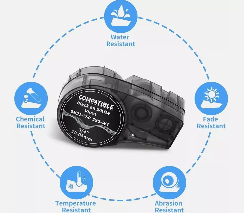 5PK For BMP21 Label Cartridge M21-750-595-WT Black/White Vinyl 3/4" x21' 5