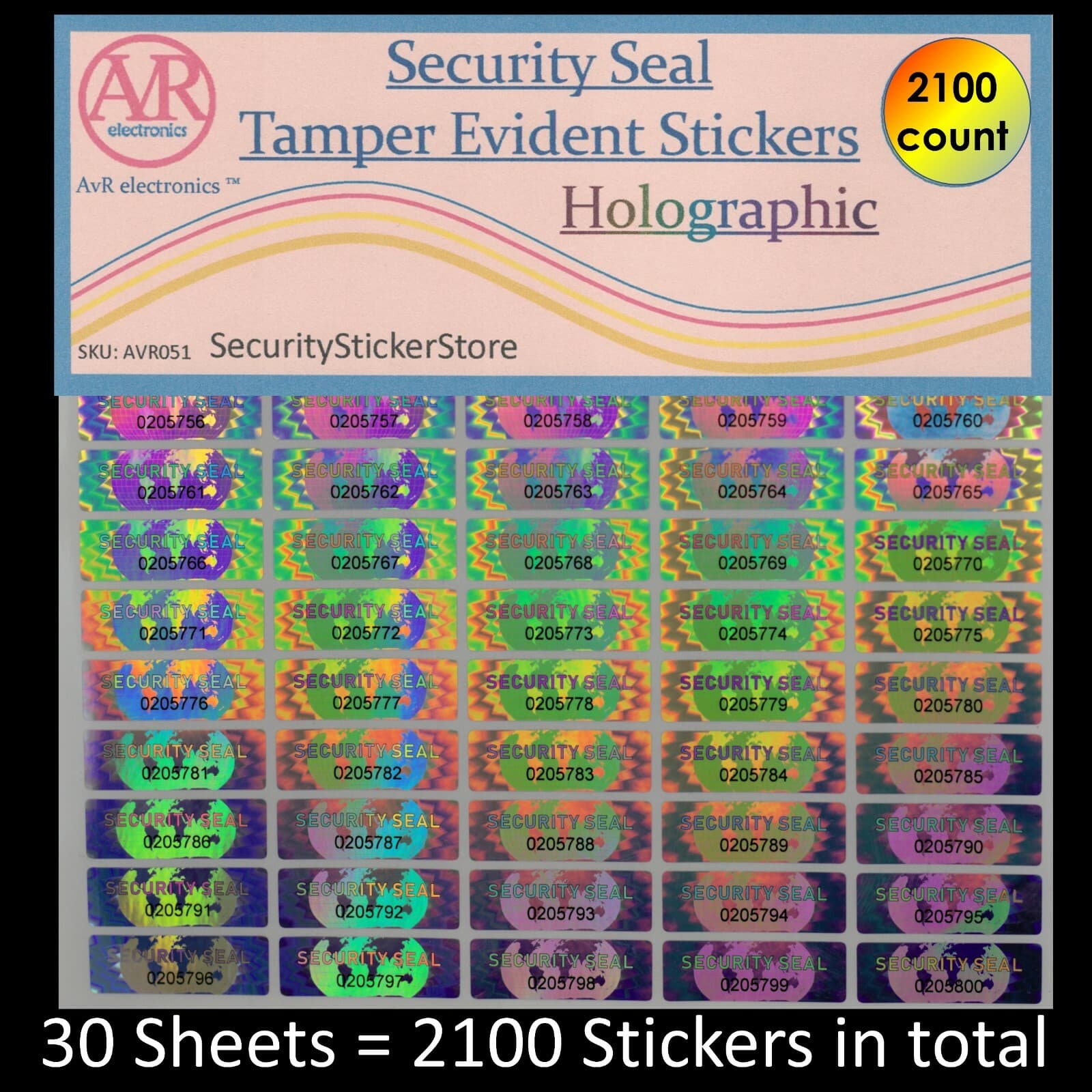 SECURITY SEAL Tamper Proof Security Sticker (SERIAL NUMBERS) (AvR051)