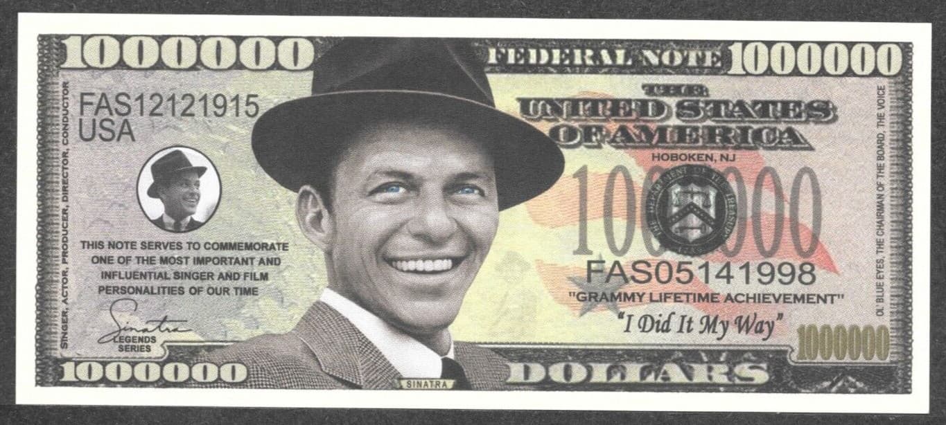 Sinatra $1 Million Bill Note, display w/ Select or Century Jack Daniels bottle