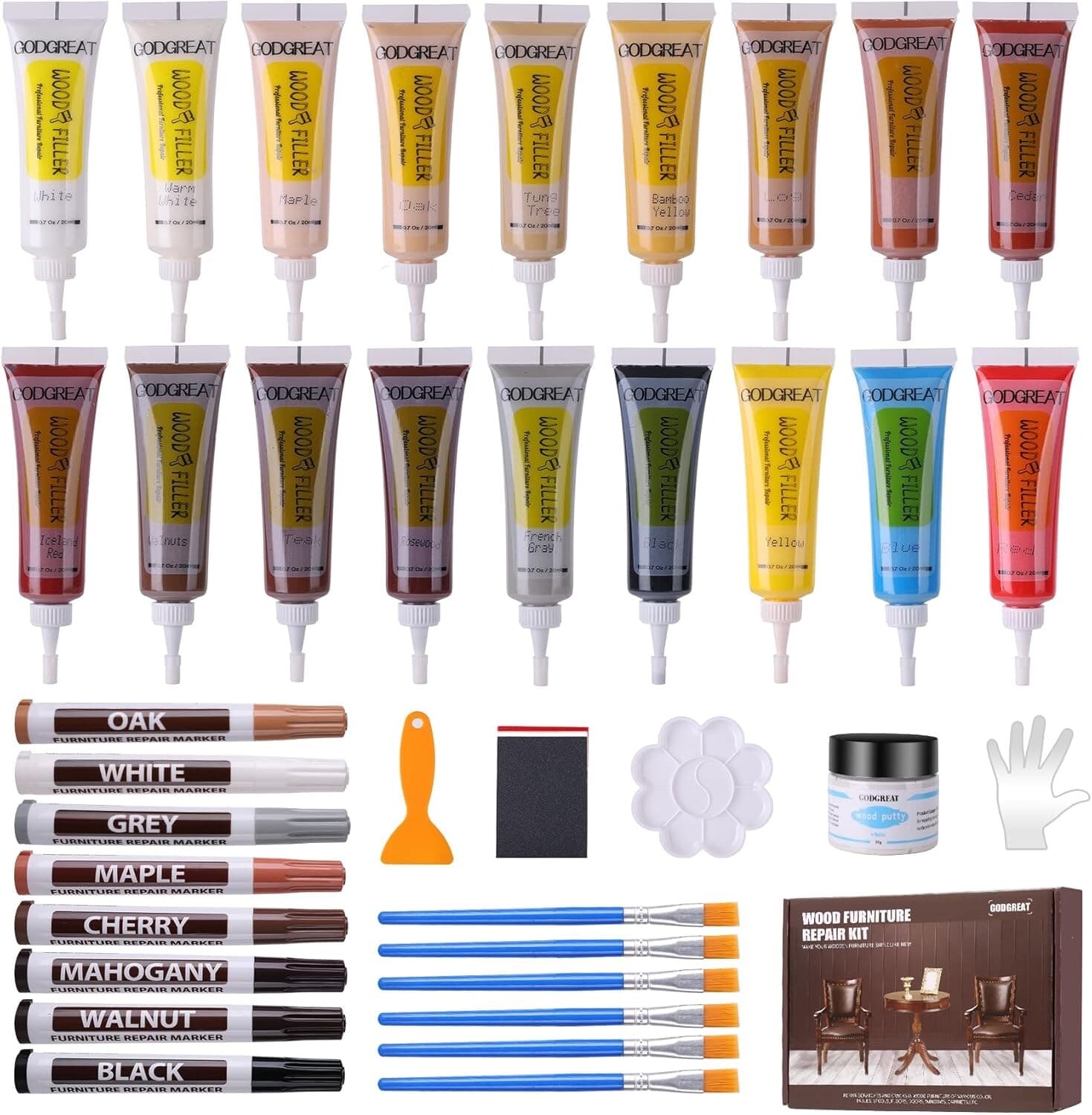 Wood Repair Kit - 37 Sets, Wood Fillers Furniture Repair Kit with 18 Colors Oak