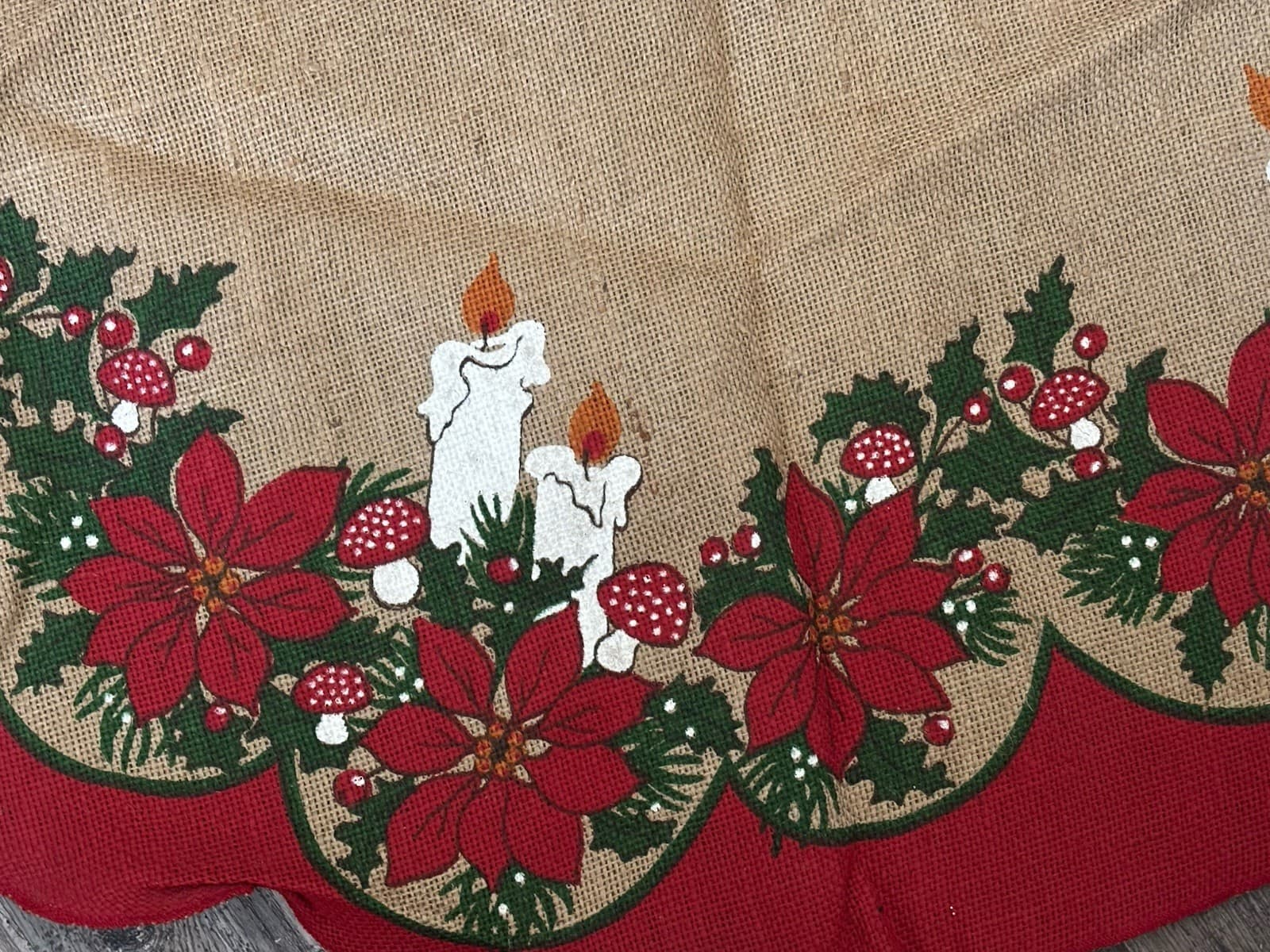 Vtg Scandinavian Christmas Tree Skirt – Painted Mushrooms Candles on Burlap Jute 4