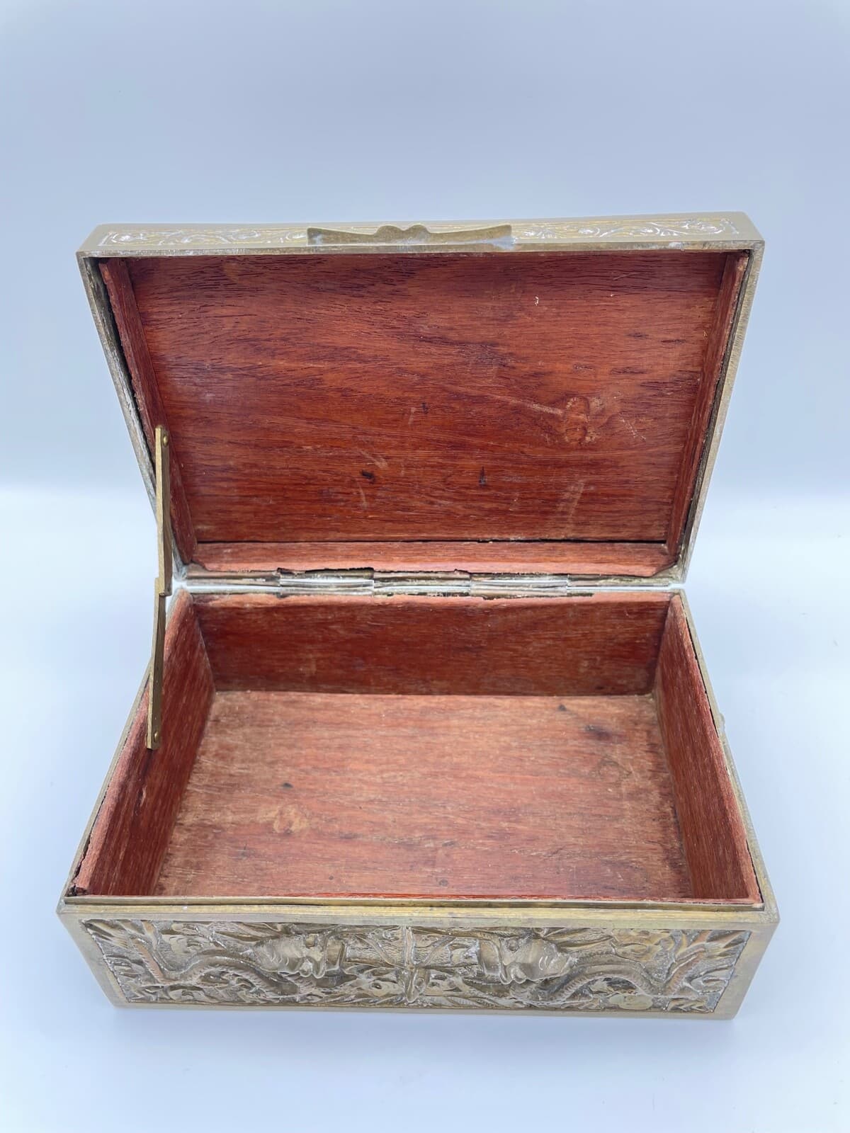 Antique Brass Chinese Hinged Trinket Humidor Box with Raised Dragons & Snakes 6