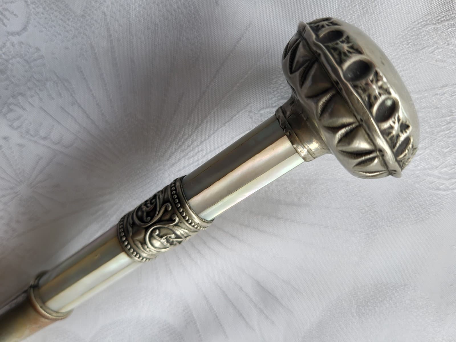 Antique Victorian German Silver Umbrella Parasol Cane Handle w Mother Of Pearl 5