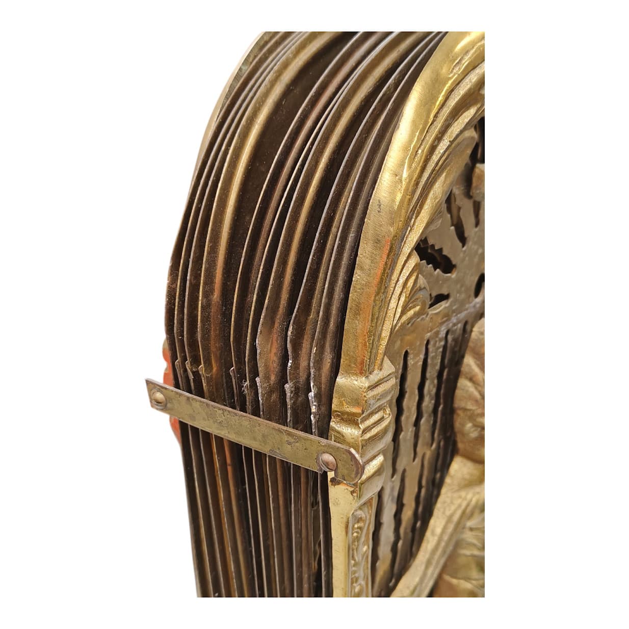 Vintage Brass Art Deco Lady Fireplace Screen Peacock Hearth Fan Patina 48" Wide 3