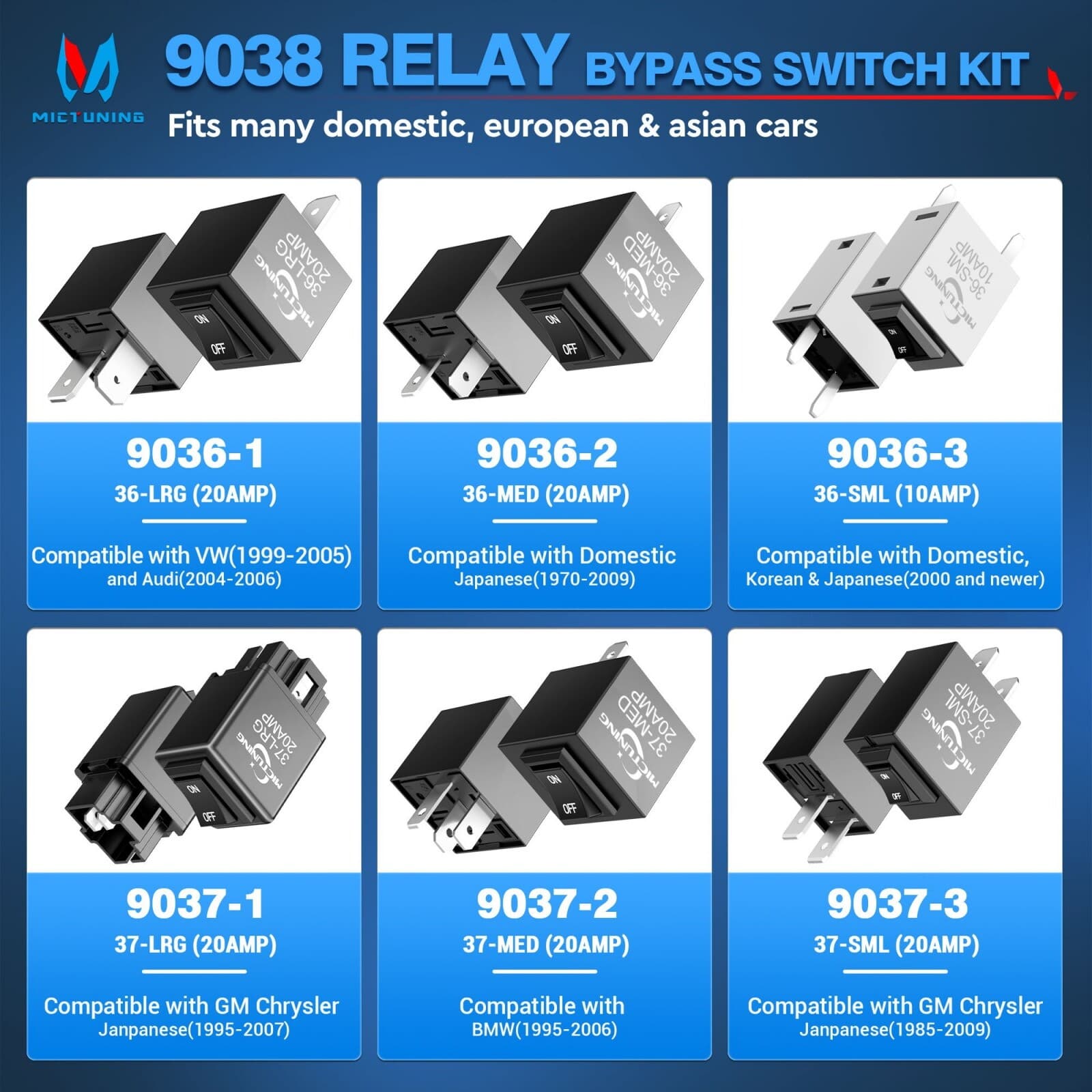 Heavy Duty 6Pack 9038 Relay Bypass Switch, Relay Tester, Relay Bypass Switch Kit 6