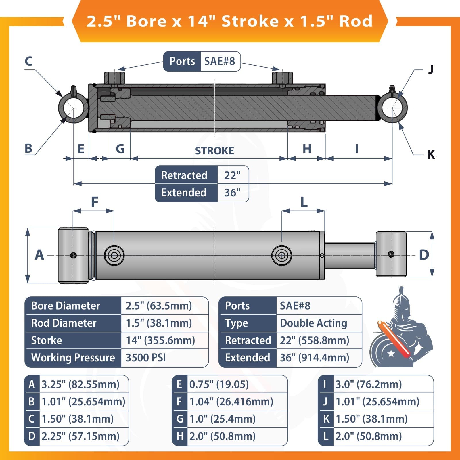 2.5x14 Hydraulic Cylinder-2.5" Bore, 14" Stroke -Welded Cross Tube Cylinder(new) 2