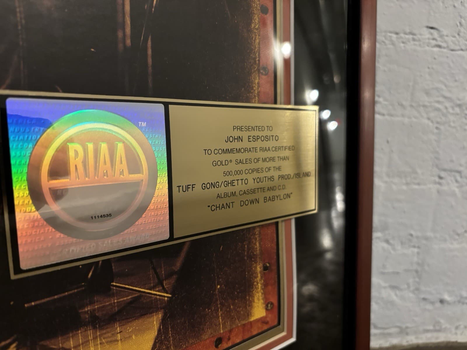 Bob Marley Chant Down Babylon RIAA CERTIFIED GOLD RECORD ALBUM AWARD HUGE 1999 4