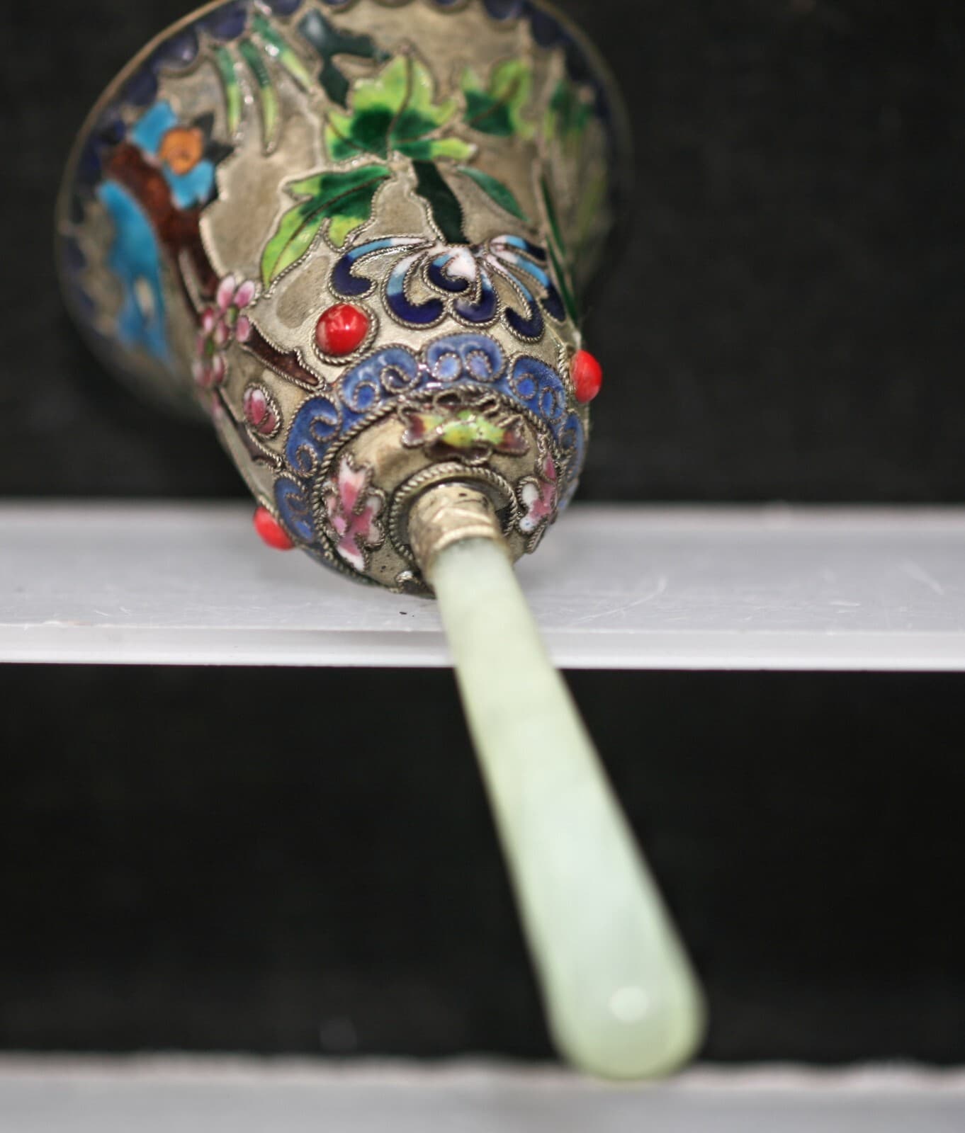 Exquisite Vintage Chinese Cloisonne Brass Bell w/Jadeite Handle 5