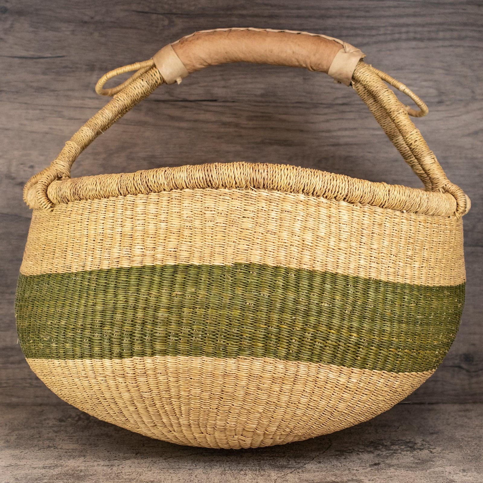 Ghanaian Bolga Basket, Striped Olive Green, Large Size African Handmade 5
