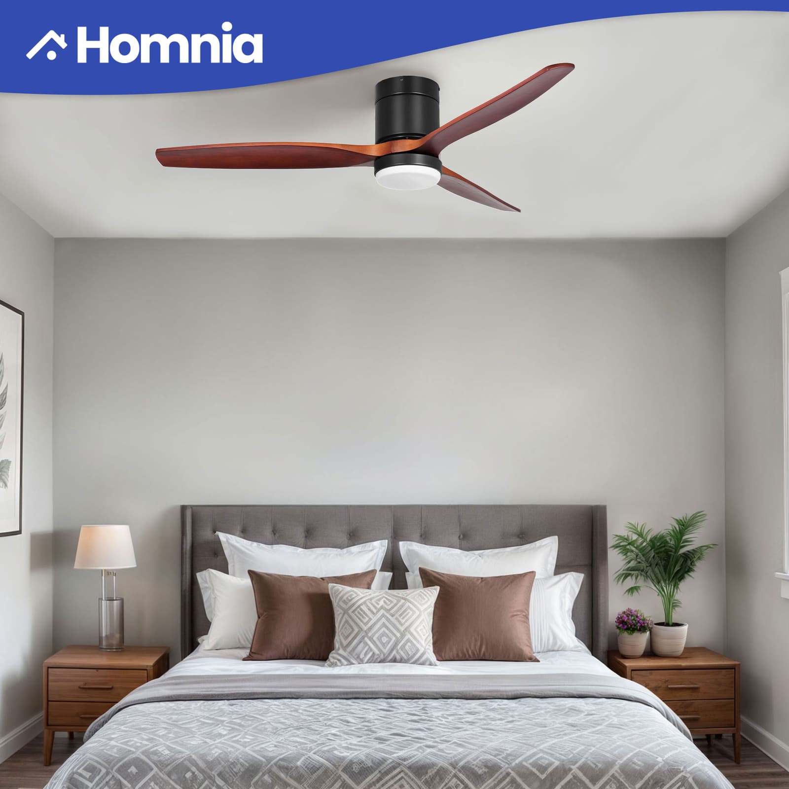 52" Industrial Ceiling Fan with Light Flush Mount Remote Control 3 Wooden Blades