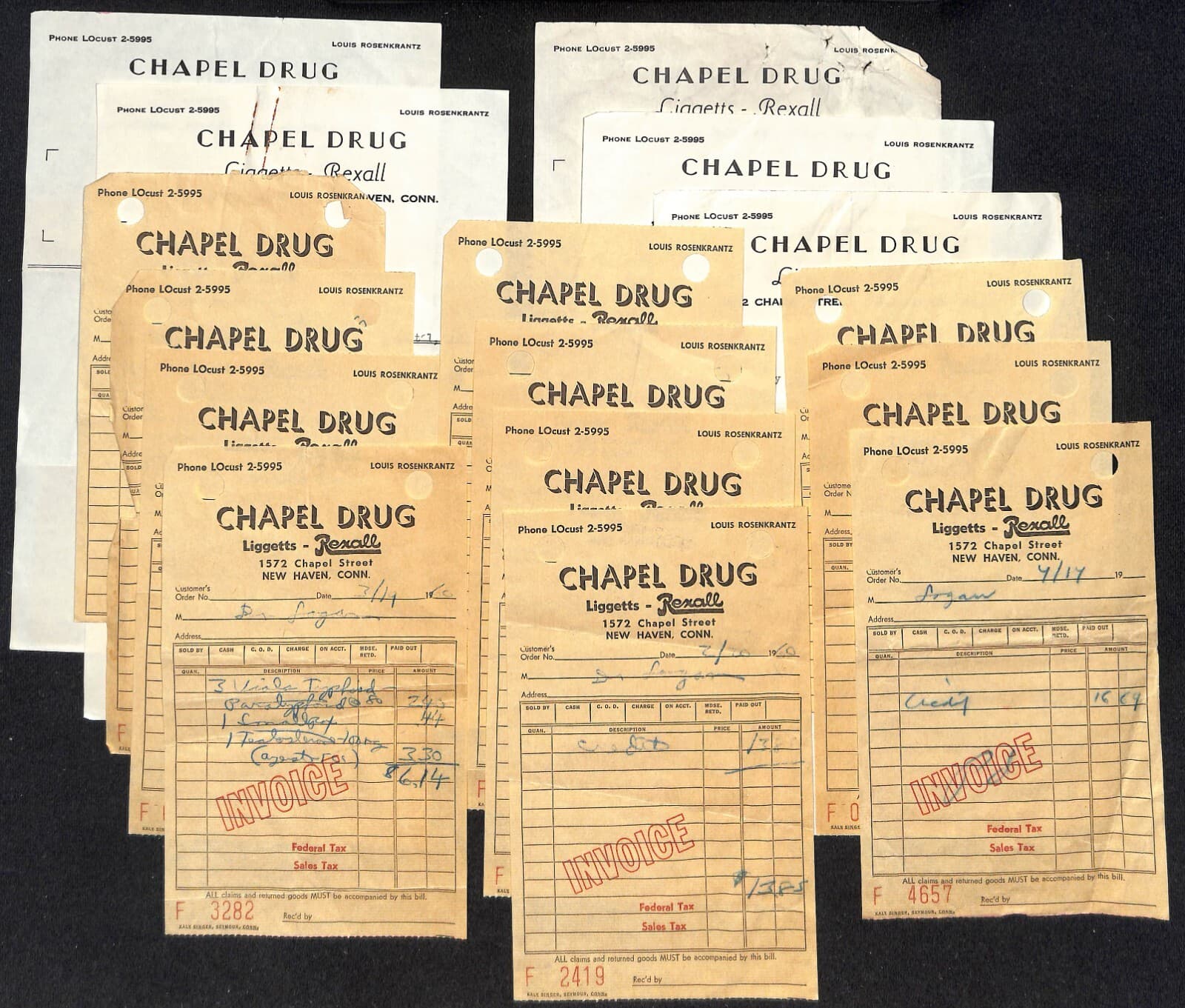 Group of 16 Mostly 1960 Chapel Drug Rexall New Haven, CT Invoice Sheets Scarce