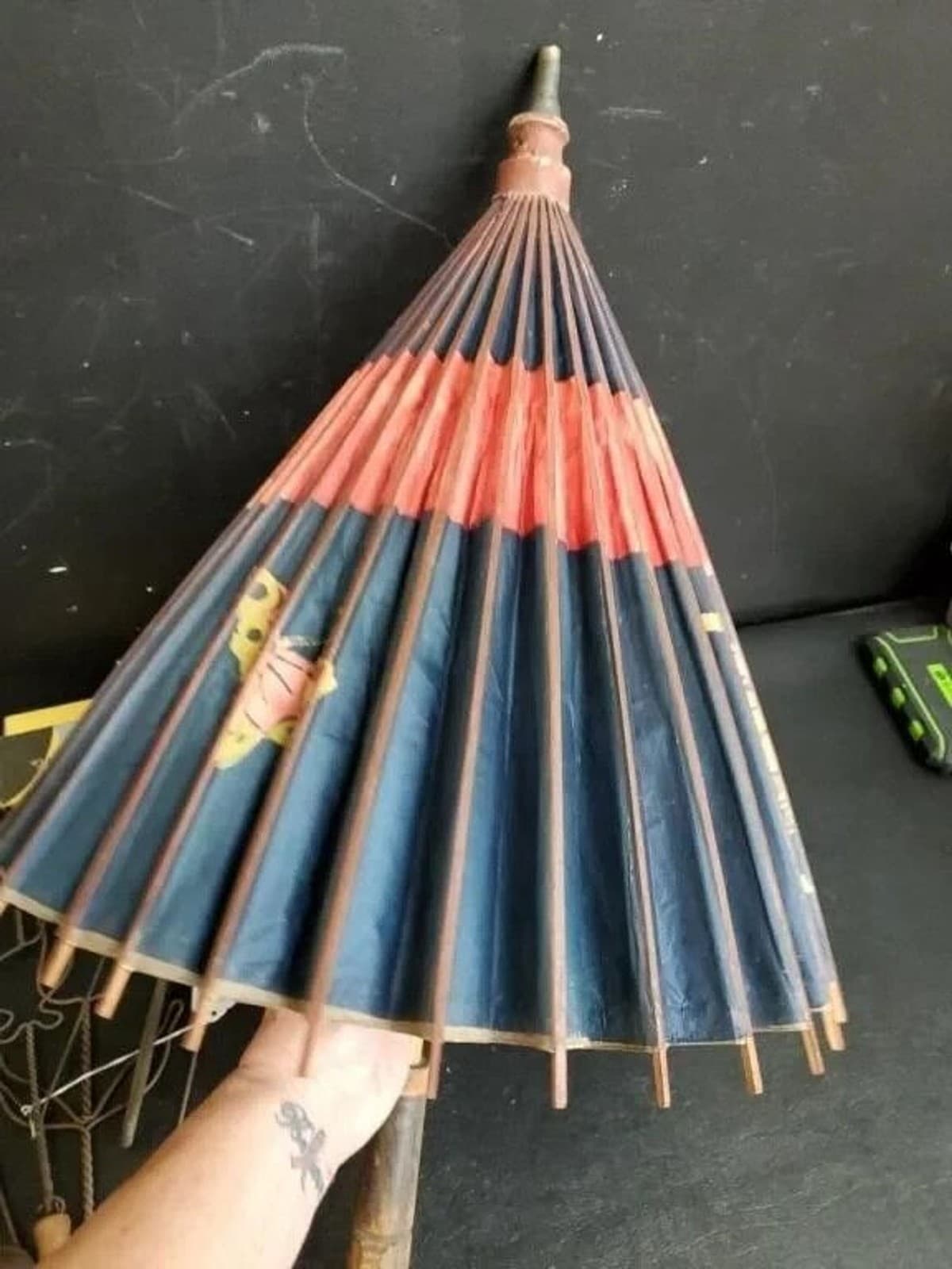 Vintage Paper Bamboo Oriental Chinese FLowers and Butterflies Parasol