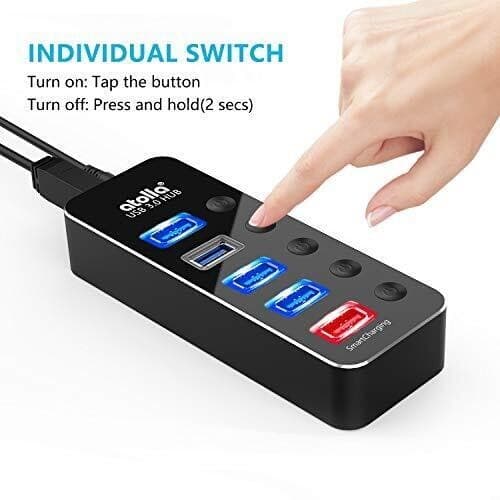 Powered USB Hub, atolla Aluminum 5-Port USB 3.0 Hub with 4 USB 3.0 Data Ports 5