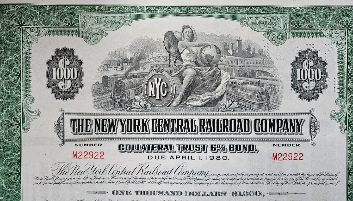 Vintage 1955 New York Central Railroad Co. 6% $1000 Bond Certificate, Green, NYC