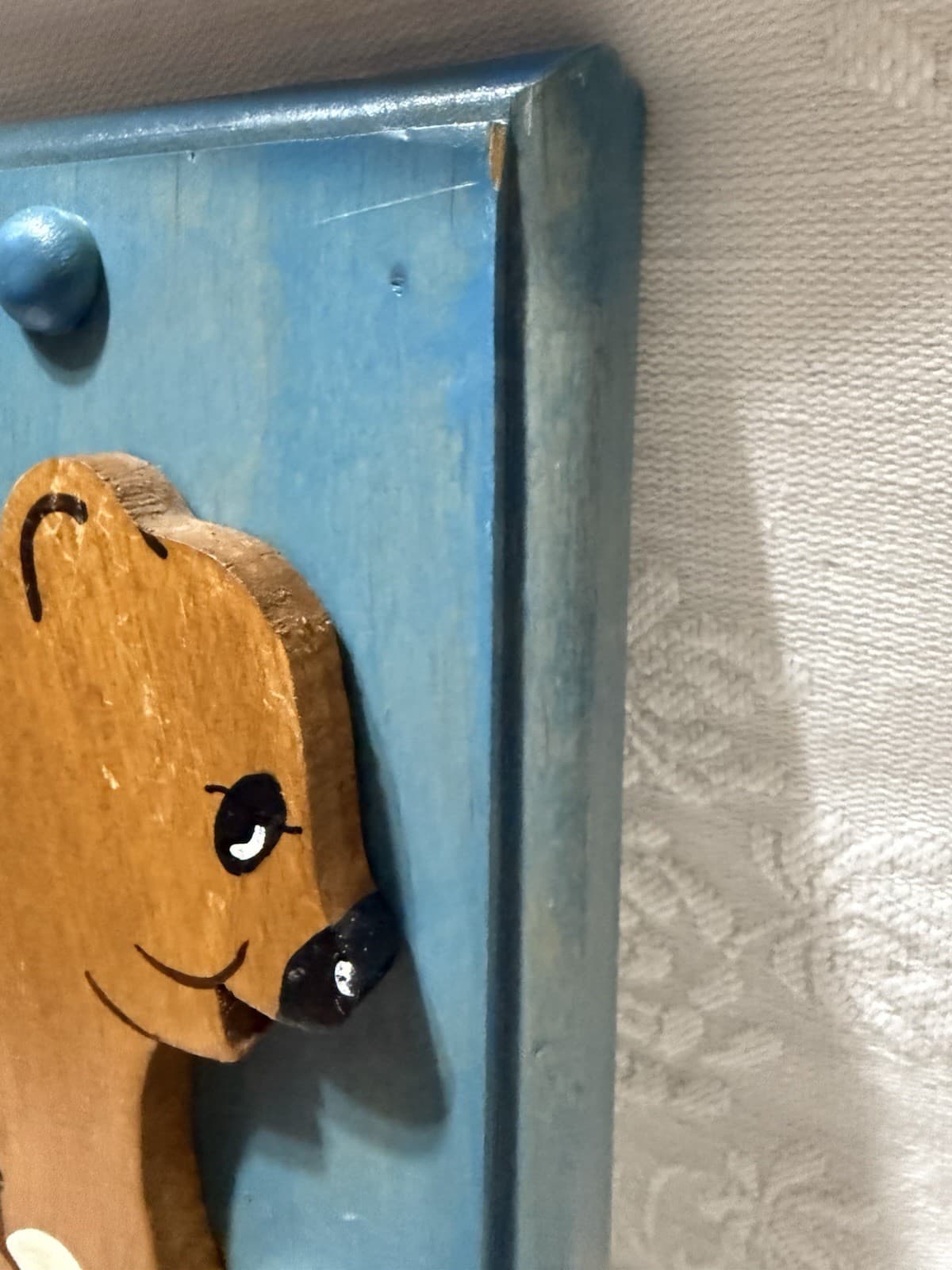 1984Bearwoods Studio-Handmade Wood Cut Out Brown Bear/Blue Wall Plaque-Coat Hook 5