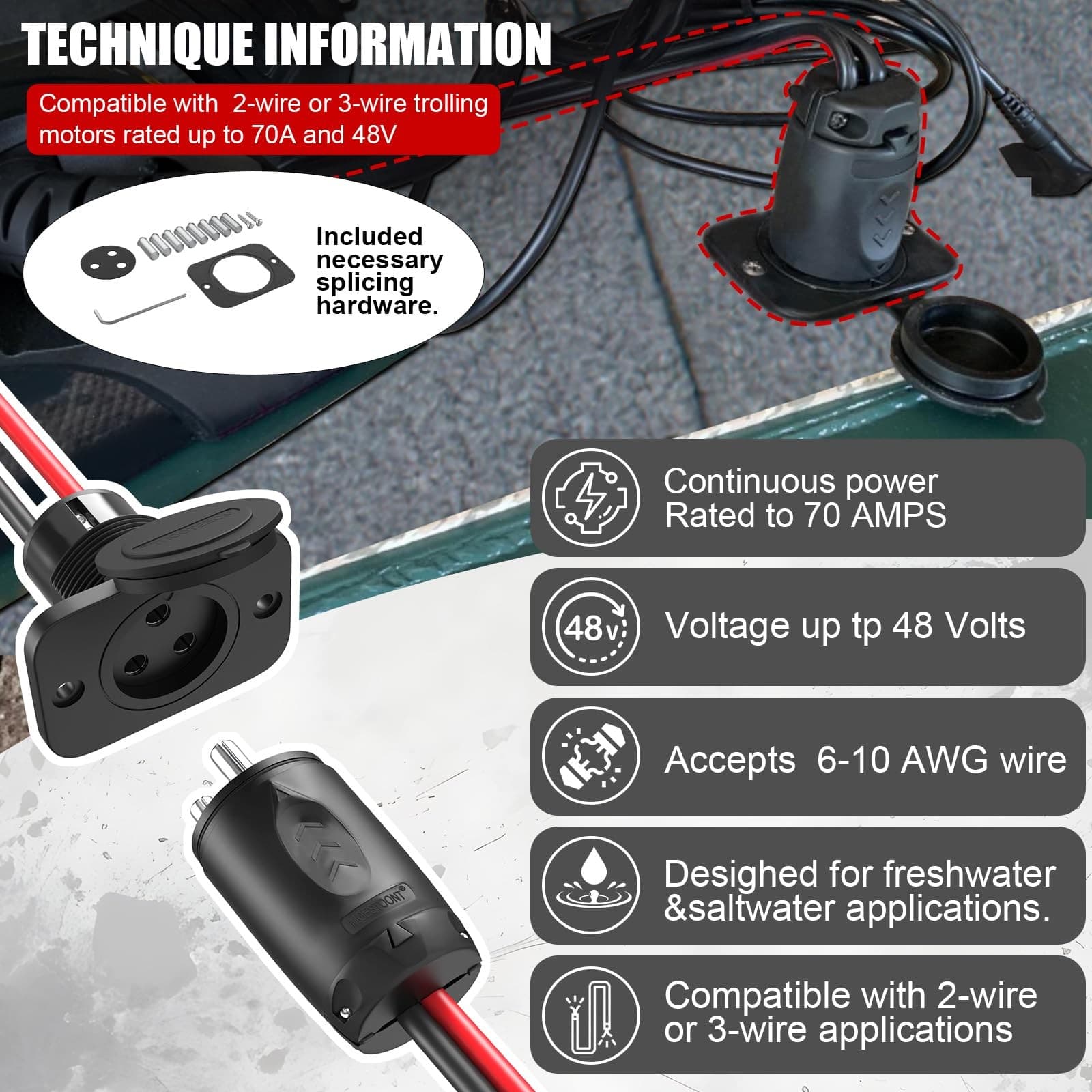 70A Trolling Motor Plug & Receptacle for 2 or 3 Wire 12-48V Systems Compatibl... 2