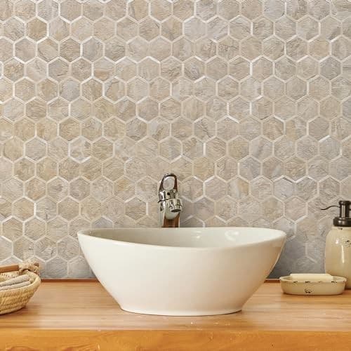  Hexagon Peel and Stick Backsplash Tile, 10 Sandstone & Light Gold Studded 5